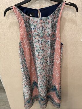 Iz Byer Floral Border Print Dress in Blush, Navy and Mint